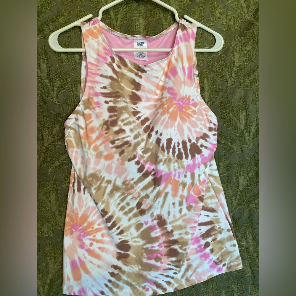 Pink/tan/brown/peach tie dye tankini top with shelf bra, size 12, by Lands End